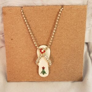 Unique Vintage Festive Holiday Flip Flop Rhinestone Pendant Necklace Silver Red